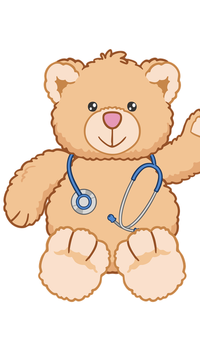 PeeDee, the Pediatric Partners of Augusta mascot — a friendly teddy bear with a stethoscope